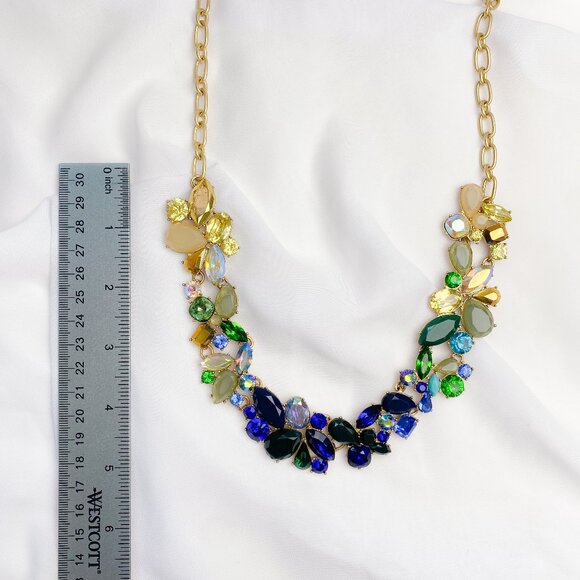 J. Crew Blue Green Yellow Ombre Chunky Rhinestone Gem Jewel Statement Necklace - Picture 13 of 13